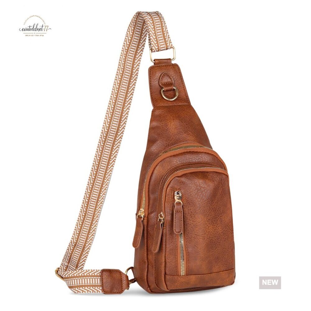 Leather Crossbody Sling Bag, Adjustable Strap, Multi-Pocket Fanny Pack for